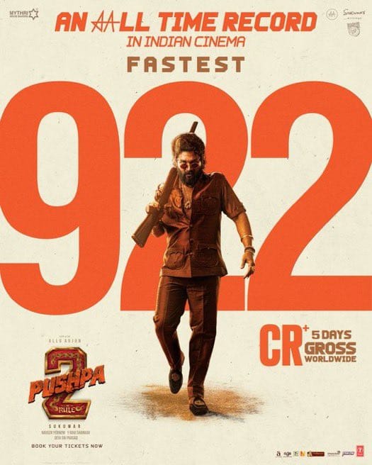 పుష్ప 2 సక్సెస్ను ఏమాటల్లో చెప్పాలో కూడా అర్థం కావడంలేదు. బాక్సాఫీస్ను రప్పా.. రప్పా.. ఊచకోత కోసేస్తున్నాడు పుష్ప రాజ్. అక్కడా, ఇక్కడా అన్న తేడాలేదు.. ఆలోవర్ ఇండియా బాక్సాఫీస్ ను వైల్డ్ ఫైర్ లా ముంచెత్తుతోంది. రికార్డులను తగలబెట్టేస్తోంది ఆ సెగకు రోజువారి సినీ రికార్డులన్నీ అహుతైపోతున్నాయి. ఇప్పటికే ఇండియాలోని అన్ని చిత్రాల రికార్డుల్ని పుష్ప 2 బద్దలు కొట్టేసింది. అత్యంత వేగంగా 500, 600, 700 కోట్లు రాబట్టిన చిత్రంగానూ పుష్ప 2 రికార్డులకెక్కింది. అంతటితో ఆగిపోకుండా నాలుగు రోజుల్లో 829 కోట్ల కలెక్షన్స్ కూడా సాధించి.. ఈ ఫీట్ను సొంతం చేసుకున్న తొలి భారతీయ సినిమాగా నిలిచి.. టాలీవుడ్ కాలర్ను ఎగరేసింది. అదే స్పీడ్ ను కంటిన్యూ చేస్తూ.. అత్యంత వేగంగా 900, 1000 కోట్లు కలెక్ట్ చేసిన సినిమాను సరికొత్త చరిత్రను లిఖించబోతోంది.